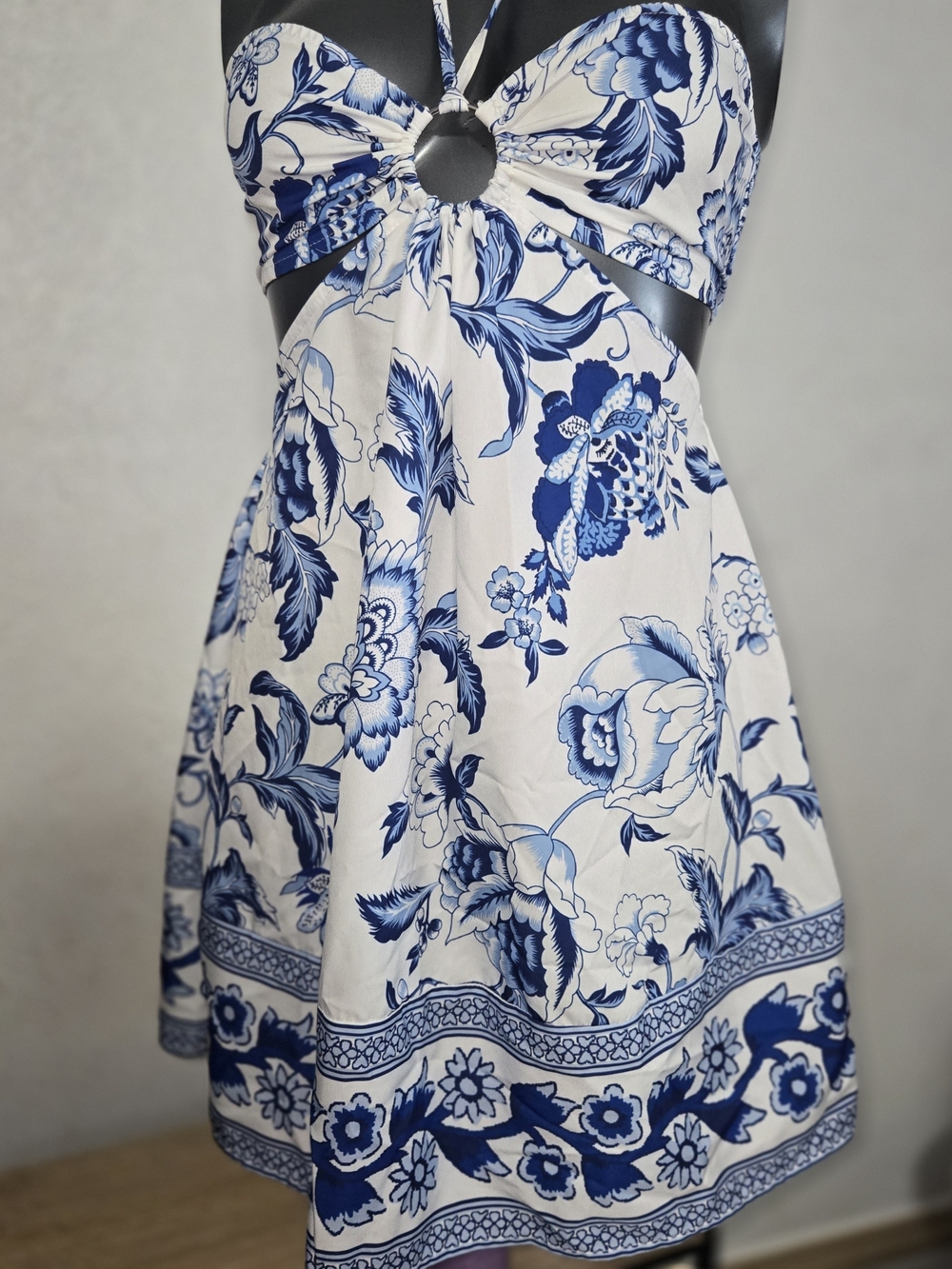 SHEIN Blue and White Floral Cutout Dress